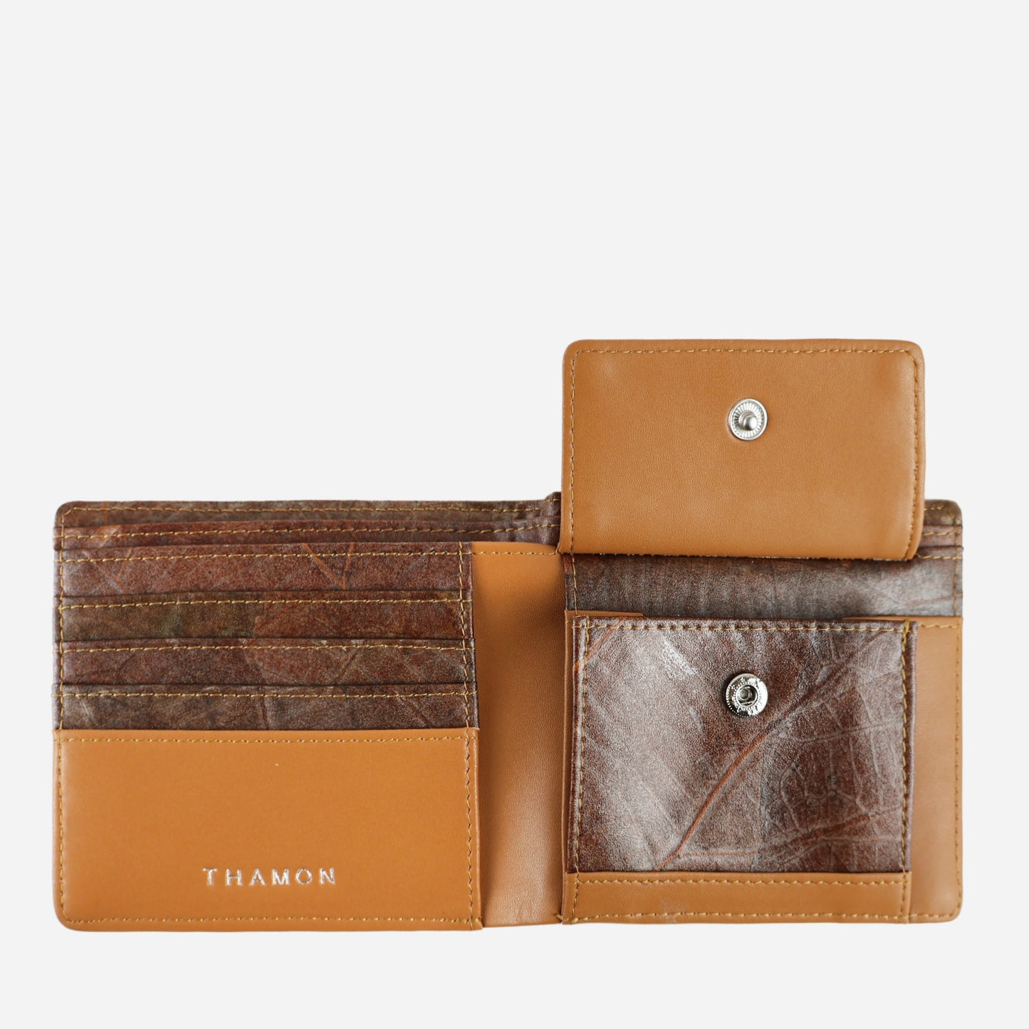 Vegan Leaf Leather Bifold Coin Wallet Thamon Brown