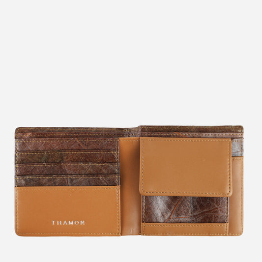 Vegan Leaf Leather Bifold Coin Wallet Thamon Brown