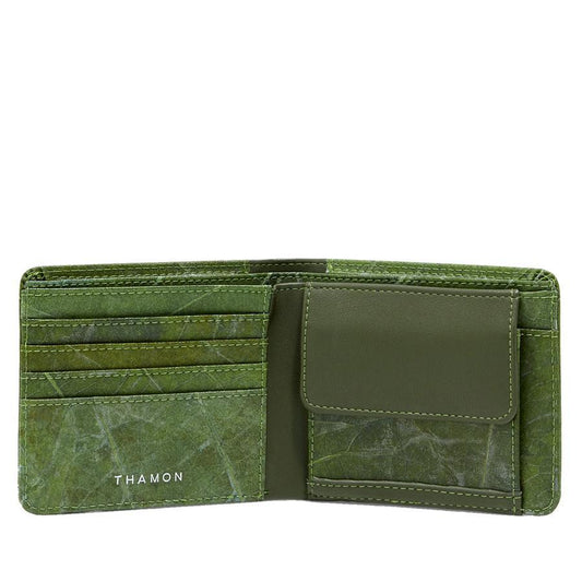 A green vegan leaf leather bifold coin wallet with card slots, a coin pocket, and two note compartments, branded with 'THAMON'.